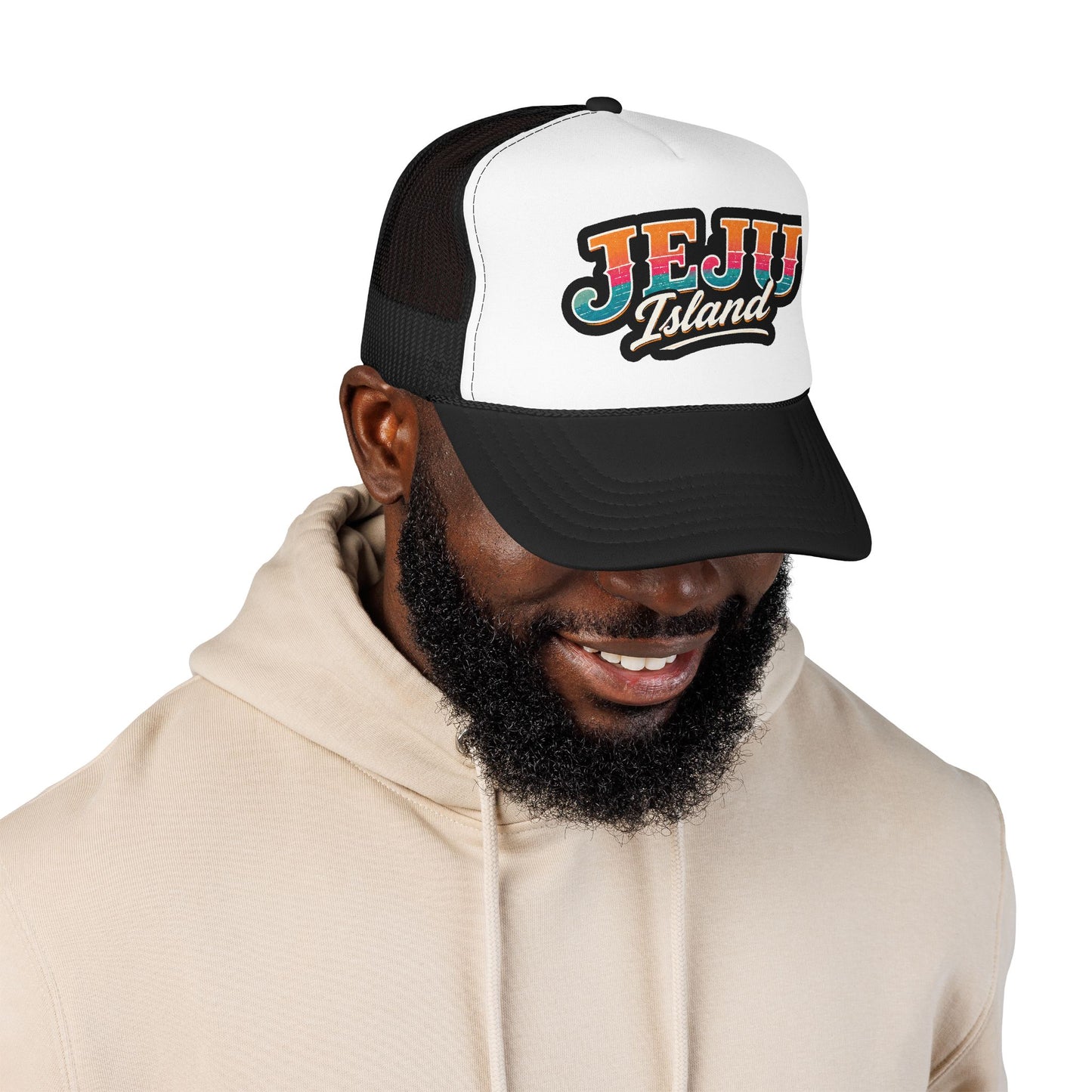 Black and white foam trucker hat with “JEJU Island” logo patch, curved brim