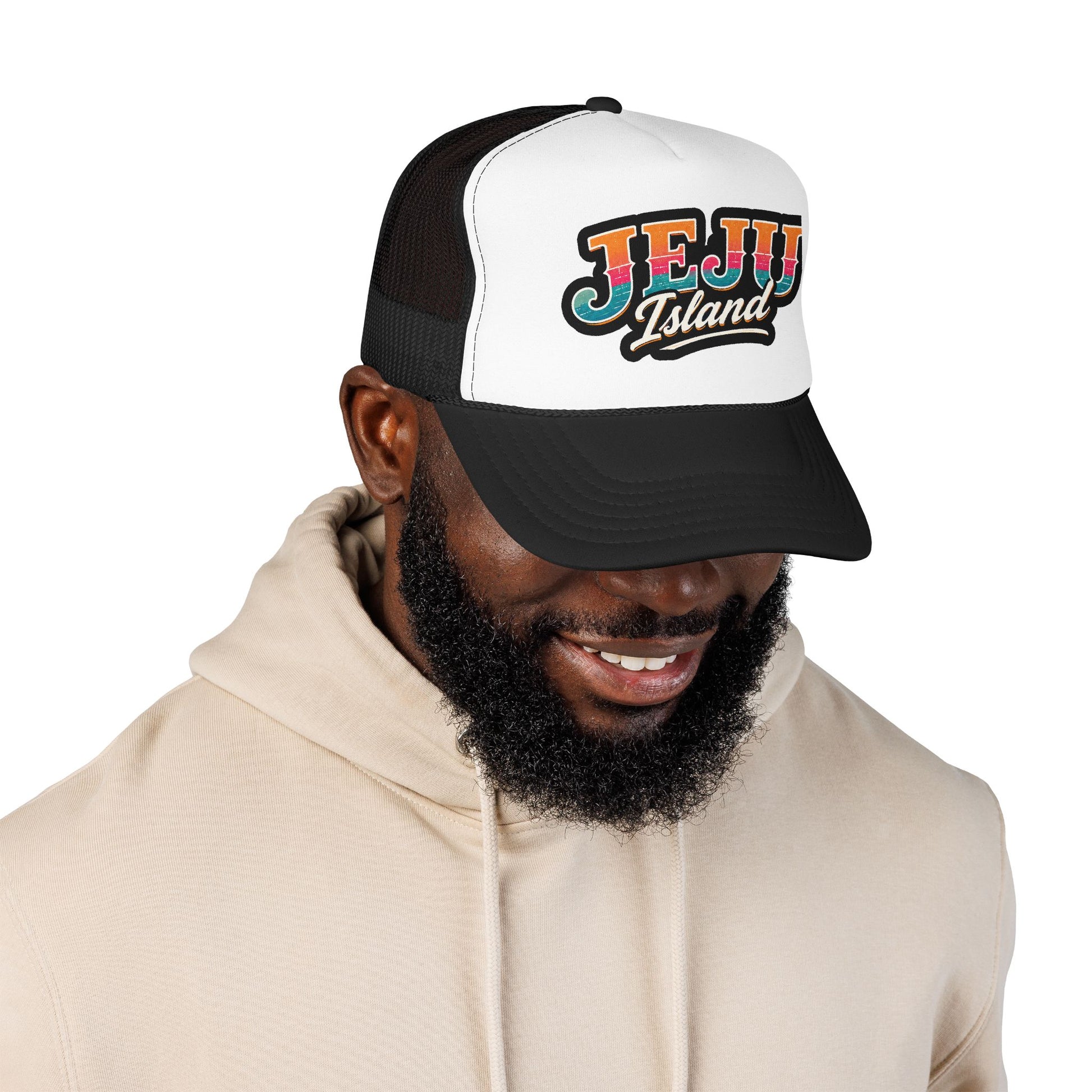 Black and white foam trucker hat with “JEJU Island” logo patch, curved brim