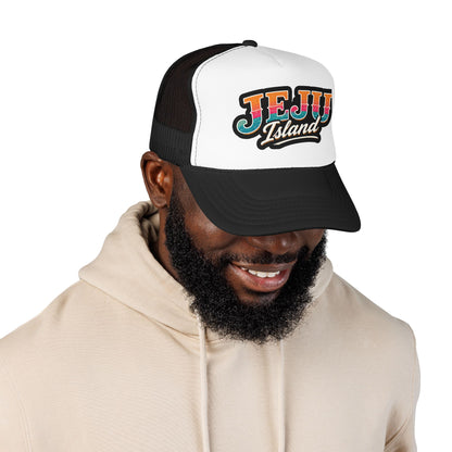 Black and white foam trucker hat with “JEJU Island” logo patch, curved brim