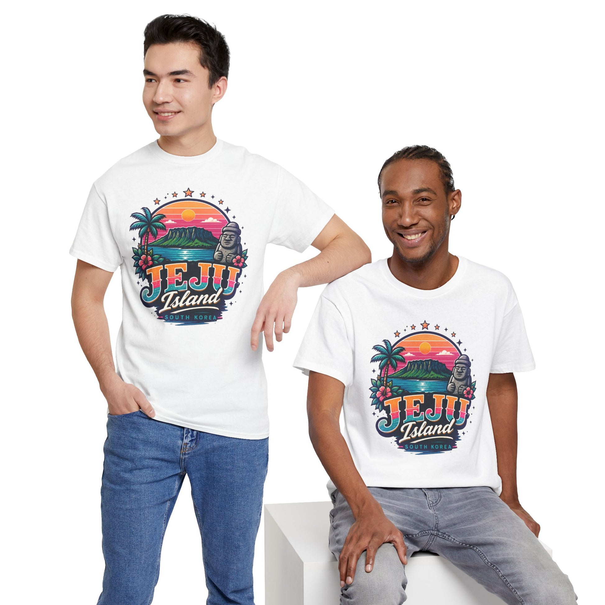 White crewneck T-shirt with colorful Jeju Island sunset graphic, worn by models