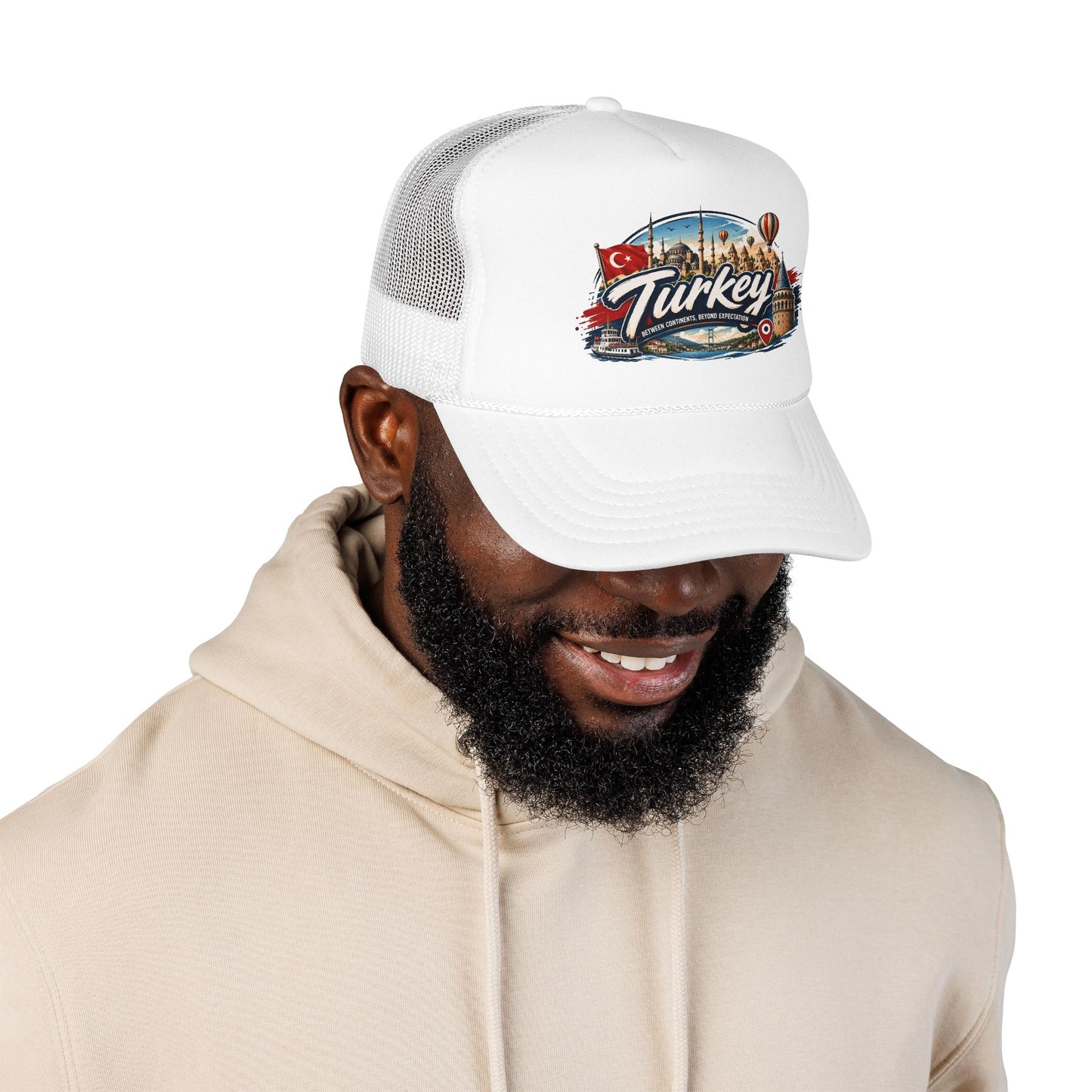 White trucker cap with mesh panels, curved brim, and front Turkey logo