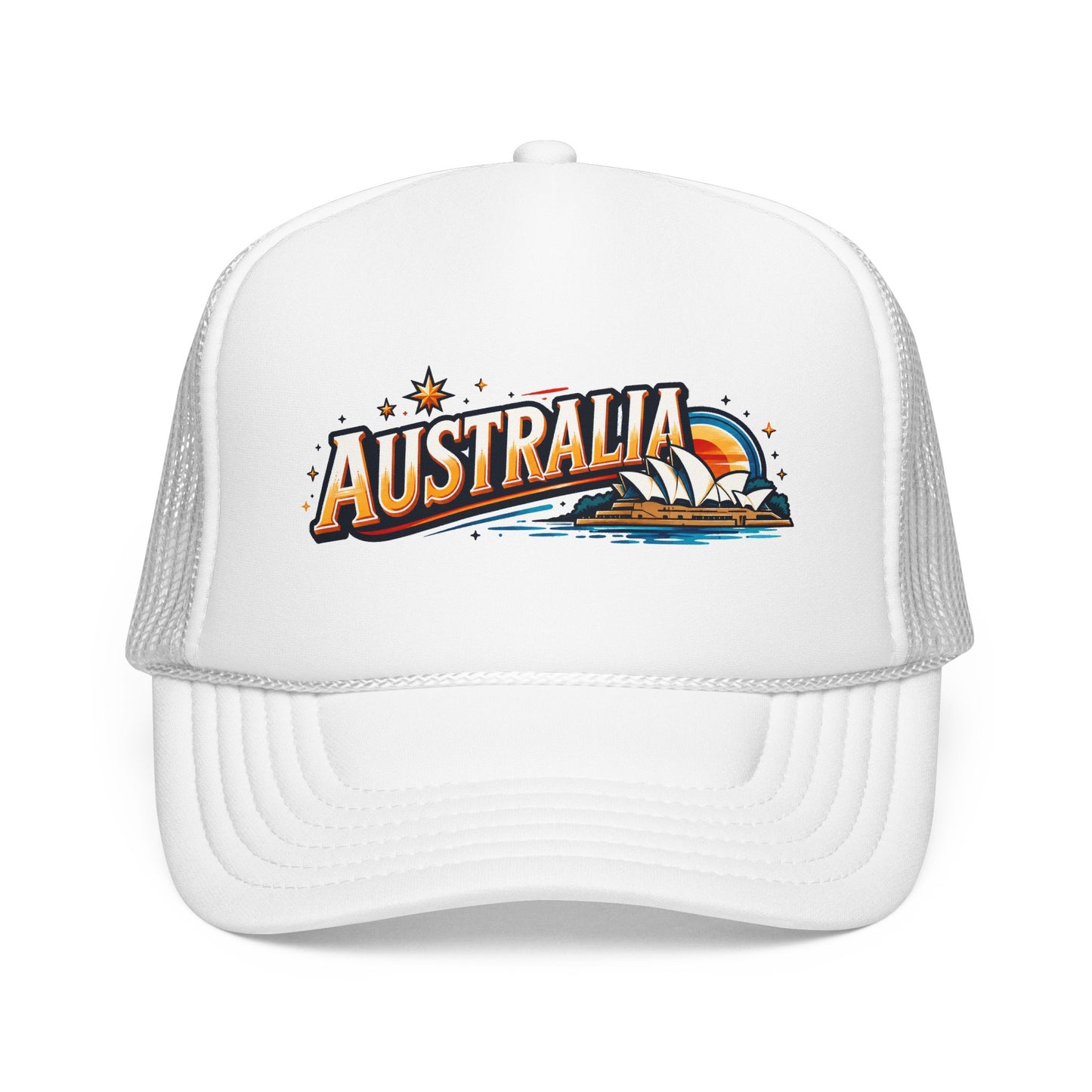 White trucker cap with Australia front graphic and white mesh side panels