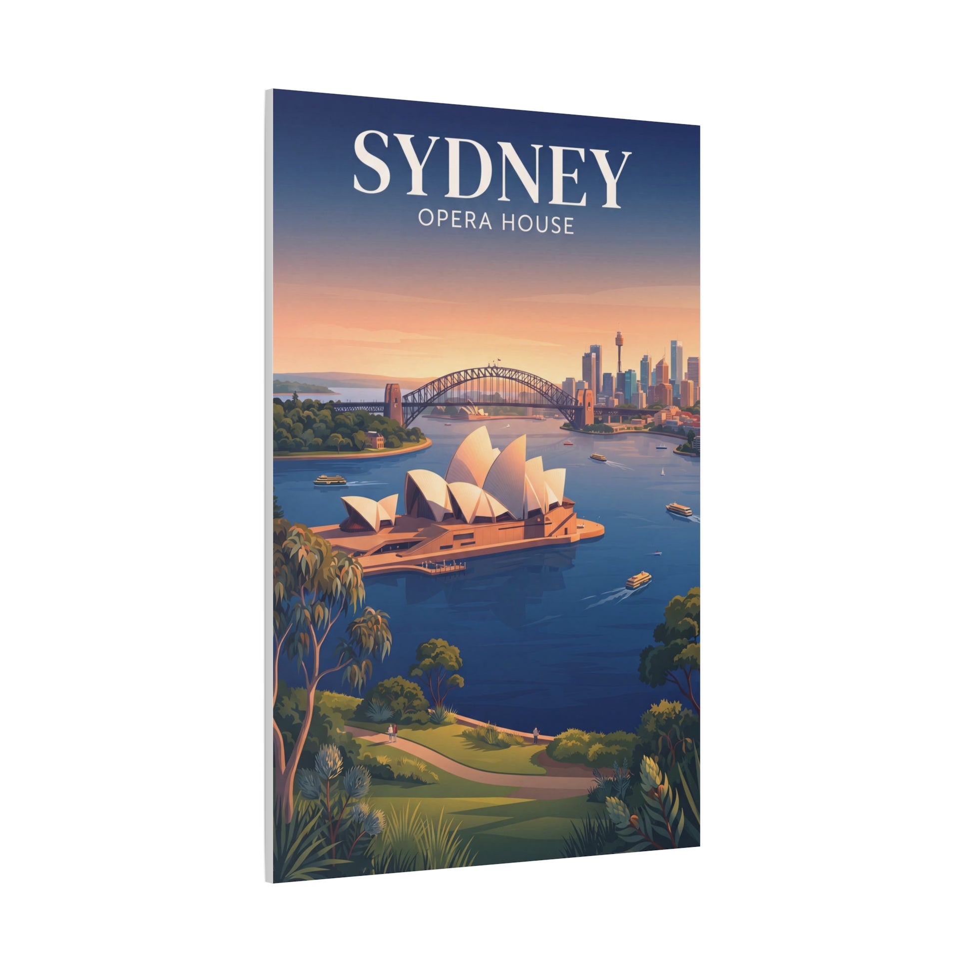 Vertical canvas wall art of Sydney Opera House with harbor bridge and downtown skyline.