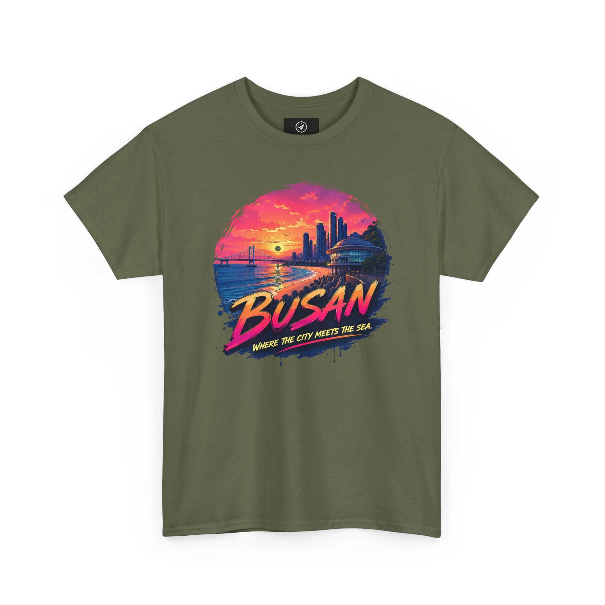 Olive green crew-neck T-shirt featuring a “Busan” seaside sunset graphic circle on front.