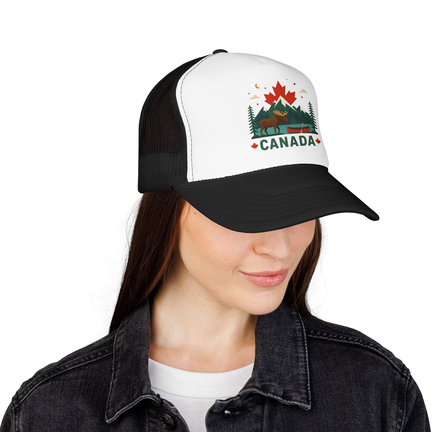 White front and black mesh trucker hat with Canada emblem on the front panel