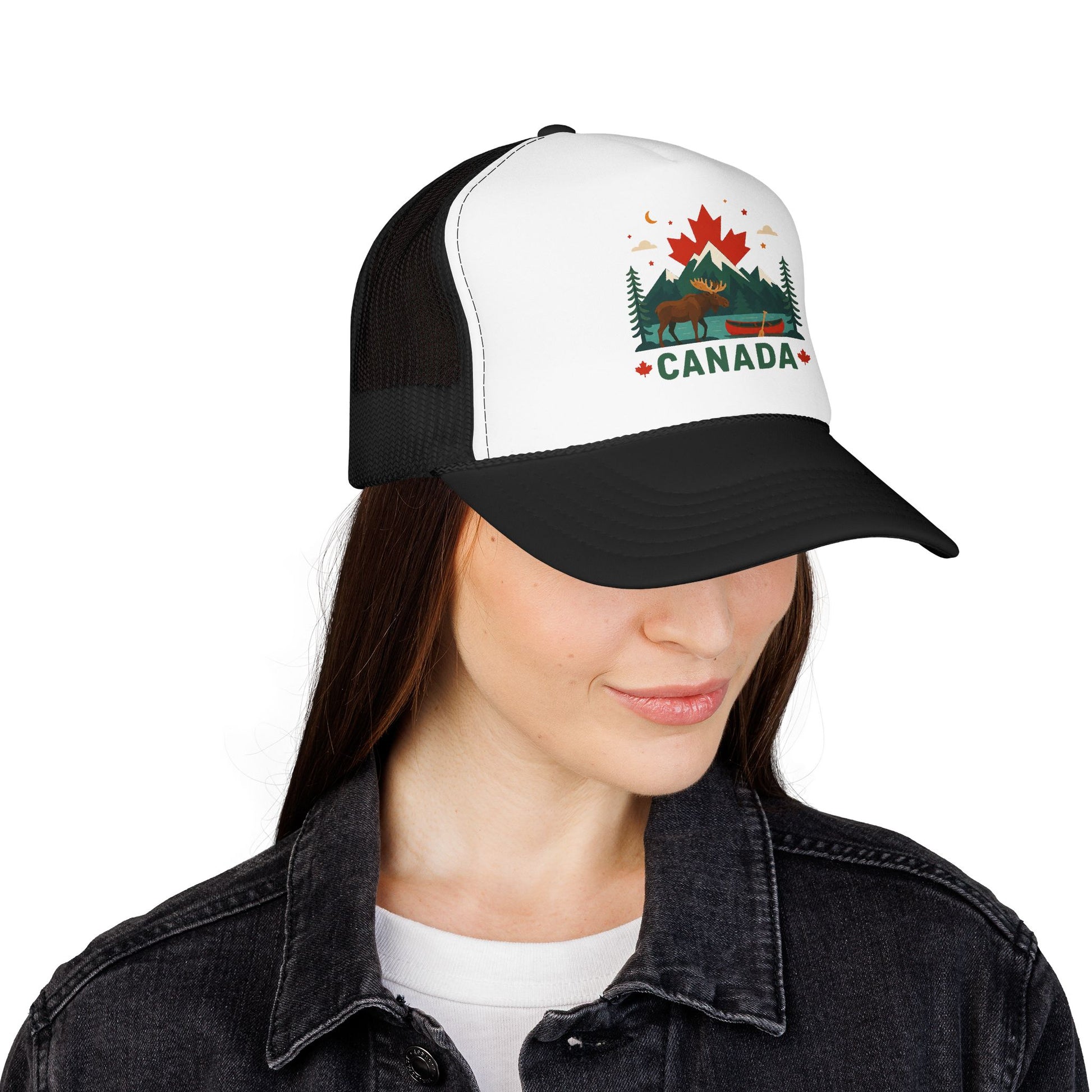 White front and black mesh trucker hat with Canada emblem on the front panel
