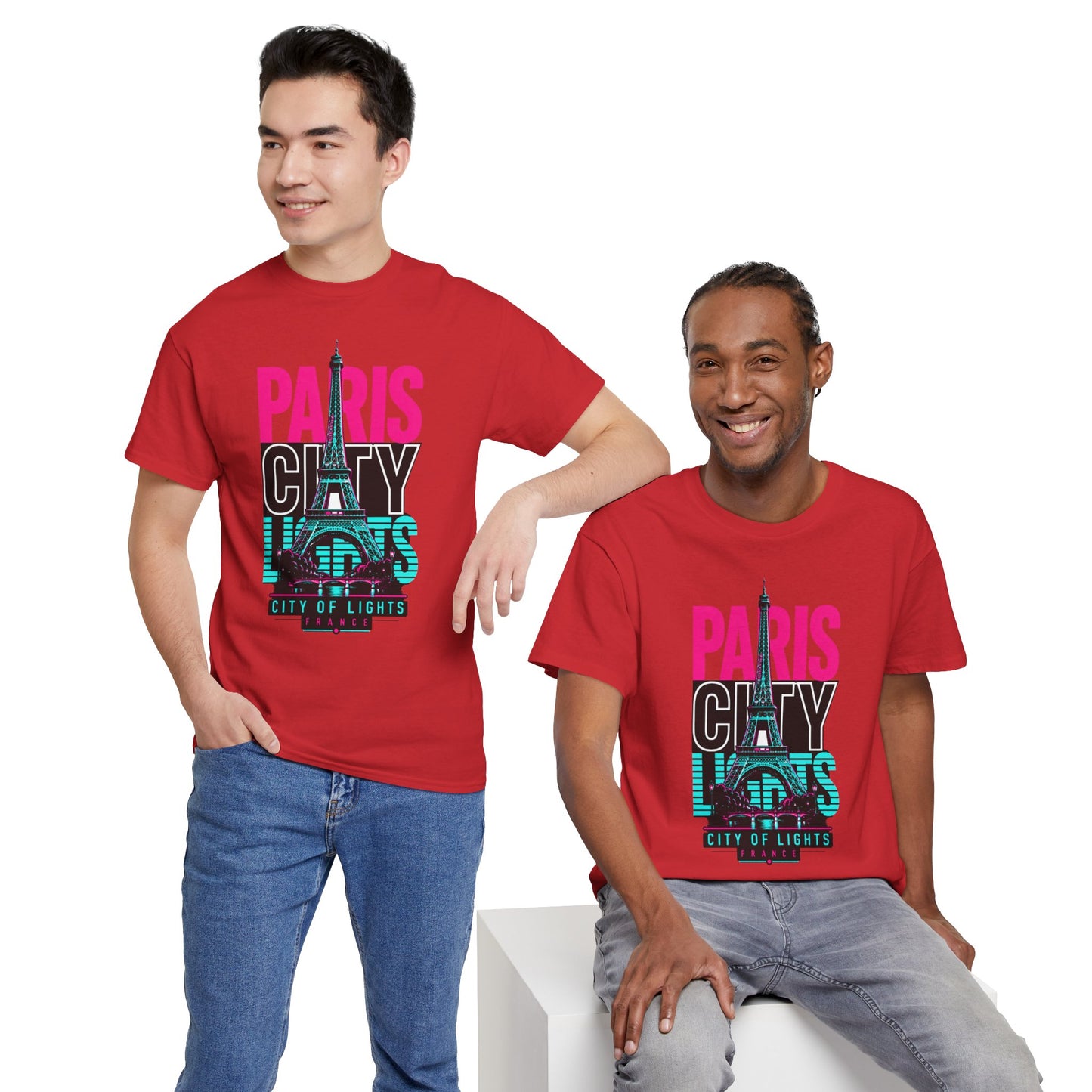 Red crewneck T-shirt with PARIS CITY OF LIGHTS Eiffel graphic