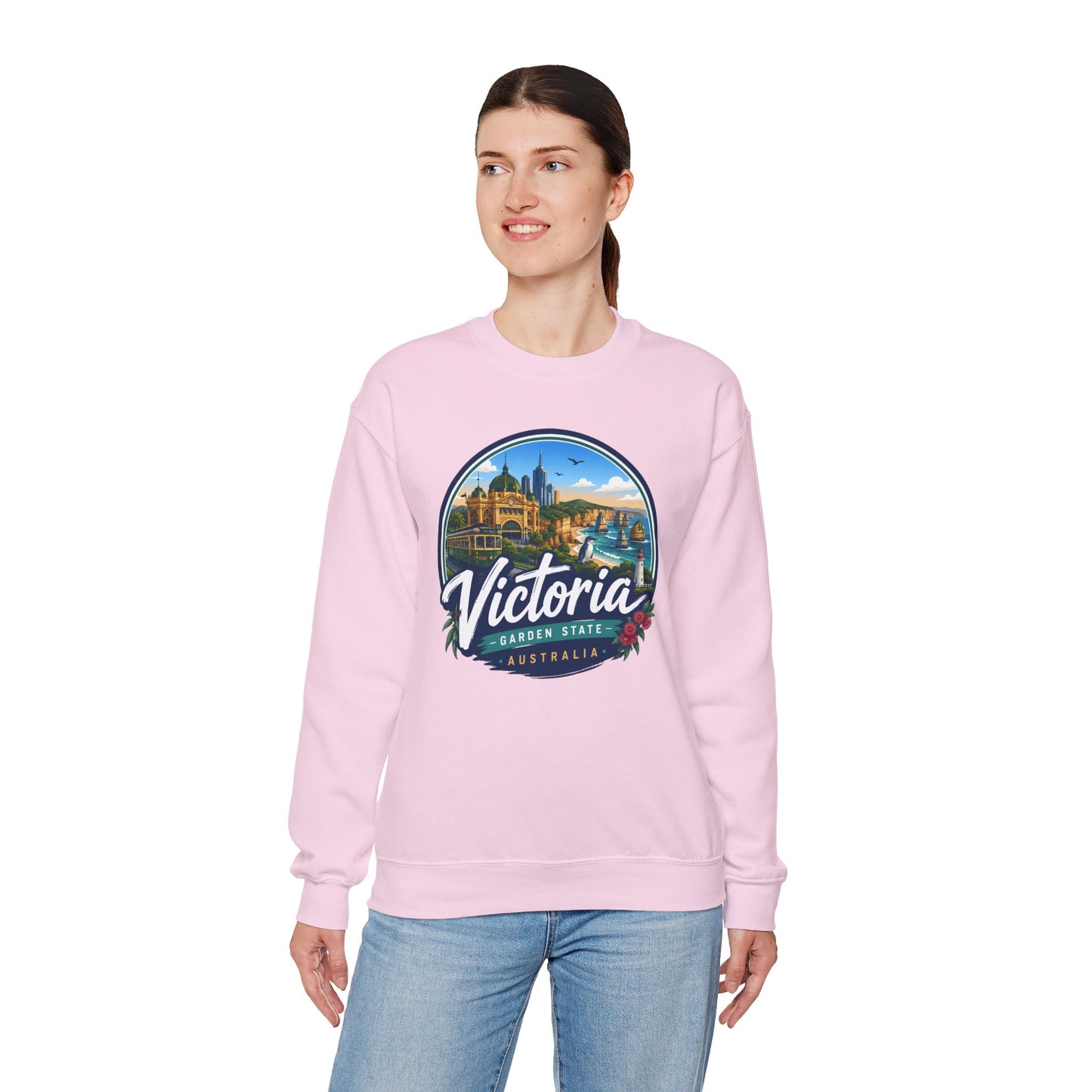 Light pink crewneck sweatshirt worn, front view with Victoria graphic