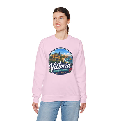 Light pink crewneck sweatshirt worn, front view with Victoria graphic