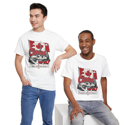 Men's white T-shirt with red Canada graphic front and crew neck.