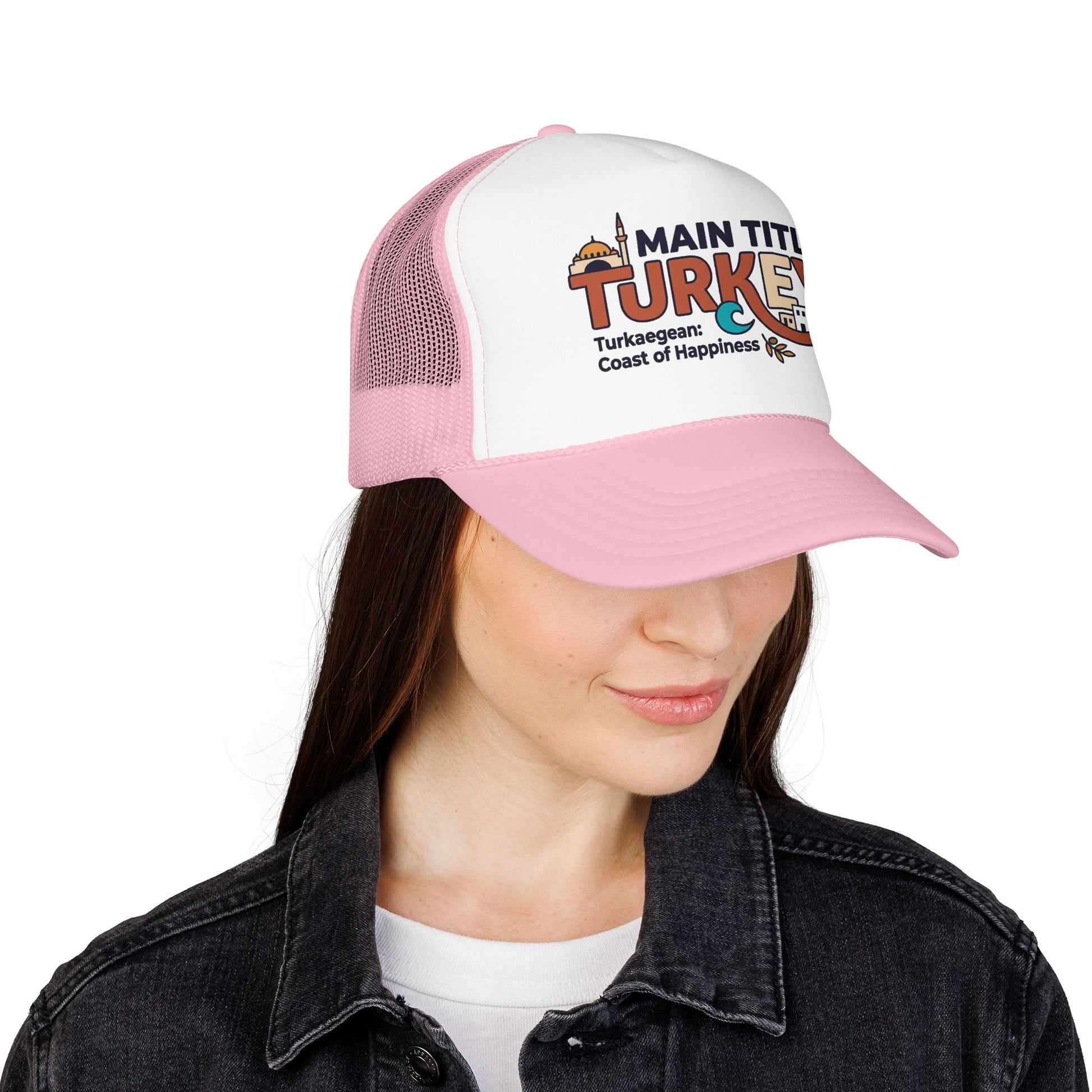 Pink and white trucker hat with embroidered turkey logo on the front panel
