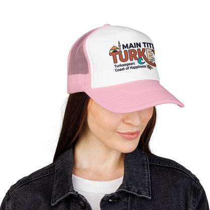 Pink and white trucker hat with embroidered turkey logo on the front panel