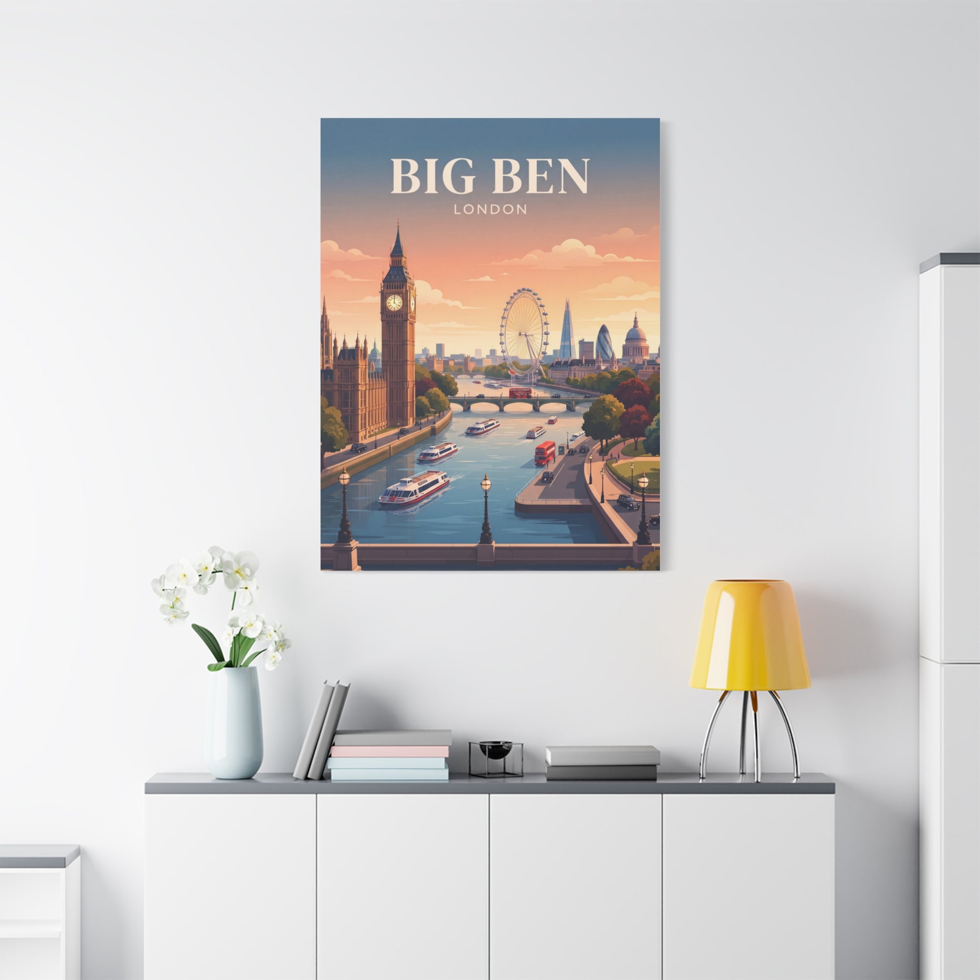 Rectangular matte canvas artwork featuring Big Ben clock tower and river traffic at dusk.