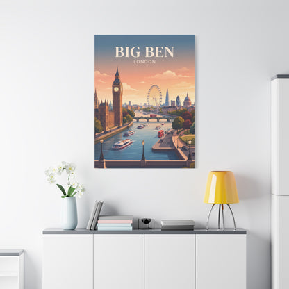 Rectangular matte canvas artwork featuring Big Ben clock tower and river traffic at dusk.