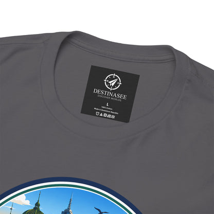 Charcoal crew-neck travel tee close-up of back neck label and partial circular graphic
