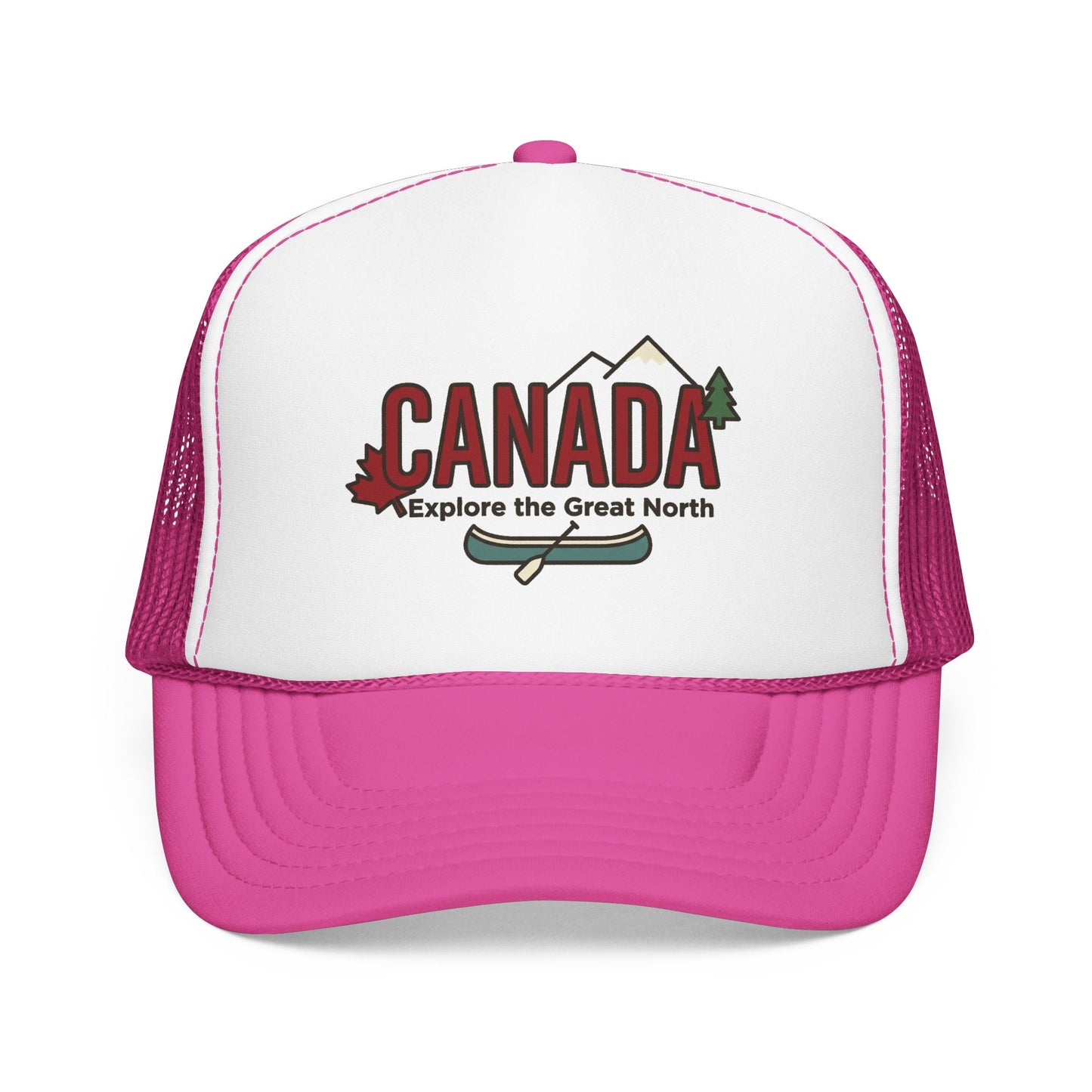 White and pink foam trucker hat with Canada graphic front.