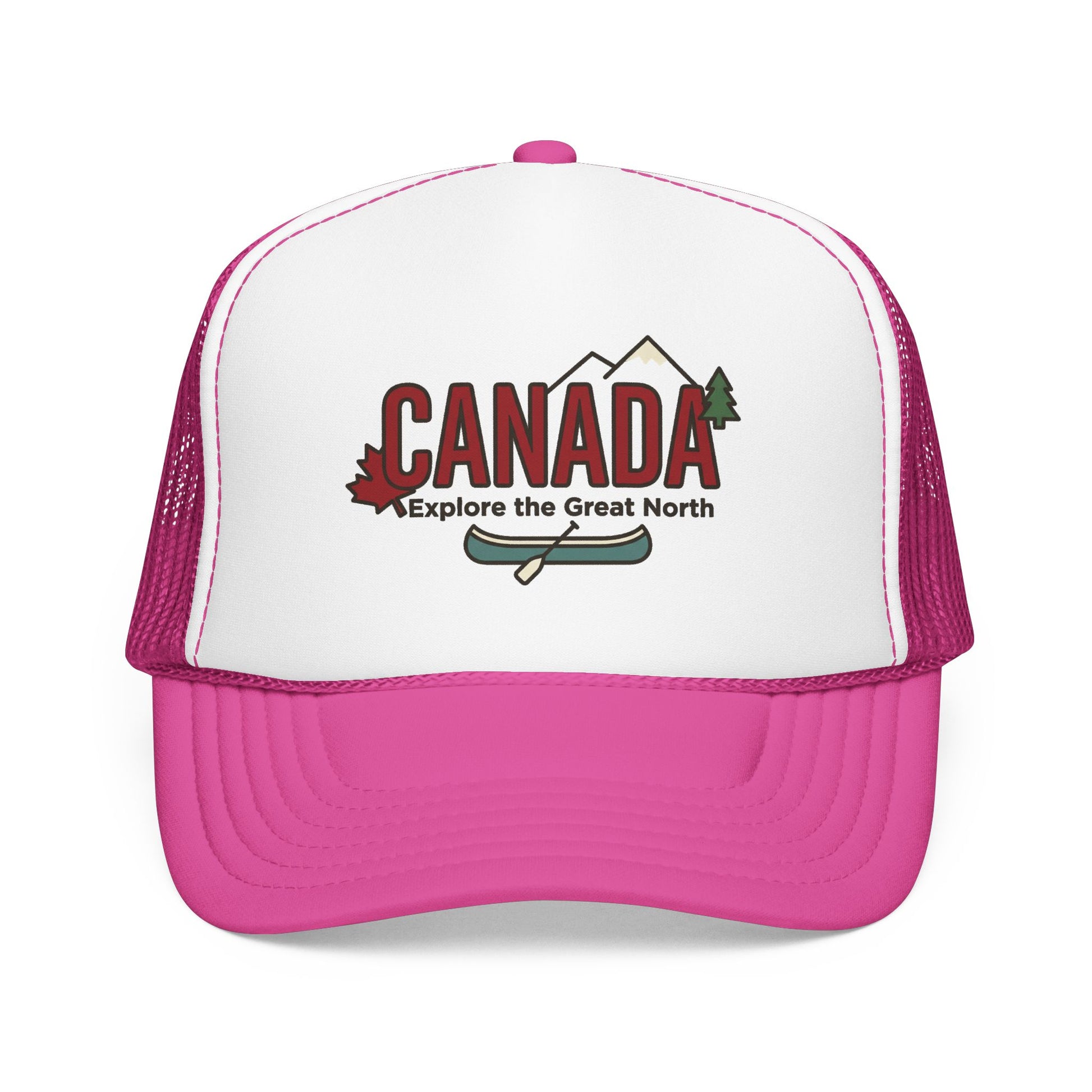 White and pink foam trucker hat with Canada graphic front.