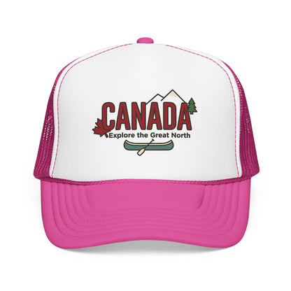 White and pink foam trucker hat with Canada graphic front.