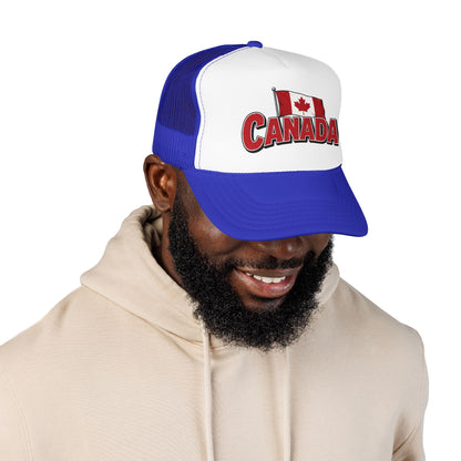 Blue and white trucker hat on model, Canada flag logo patch