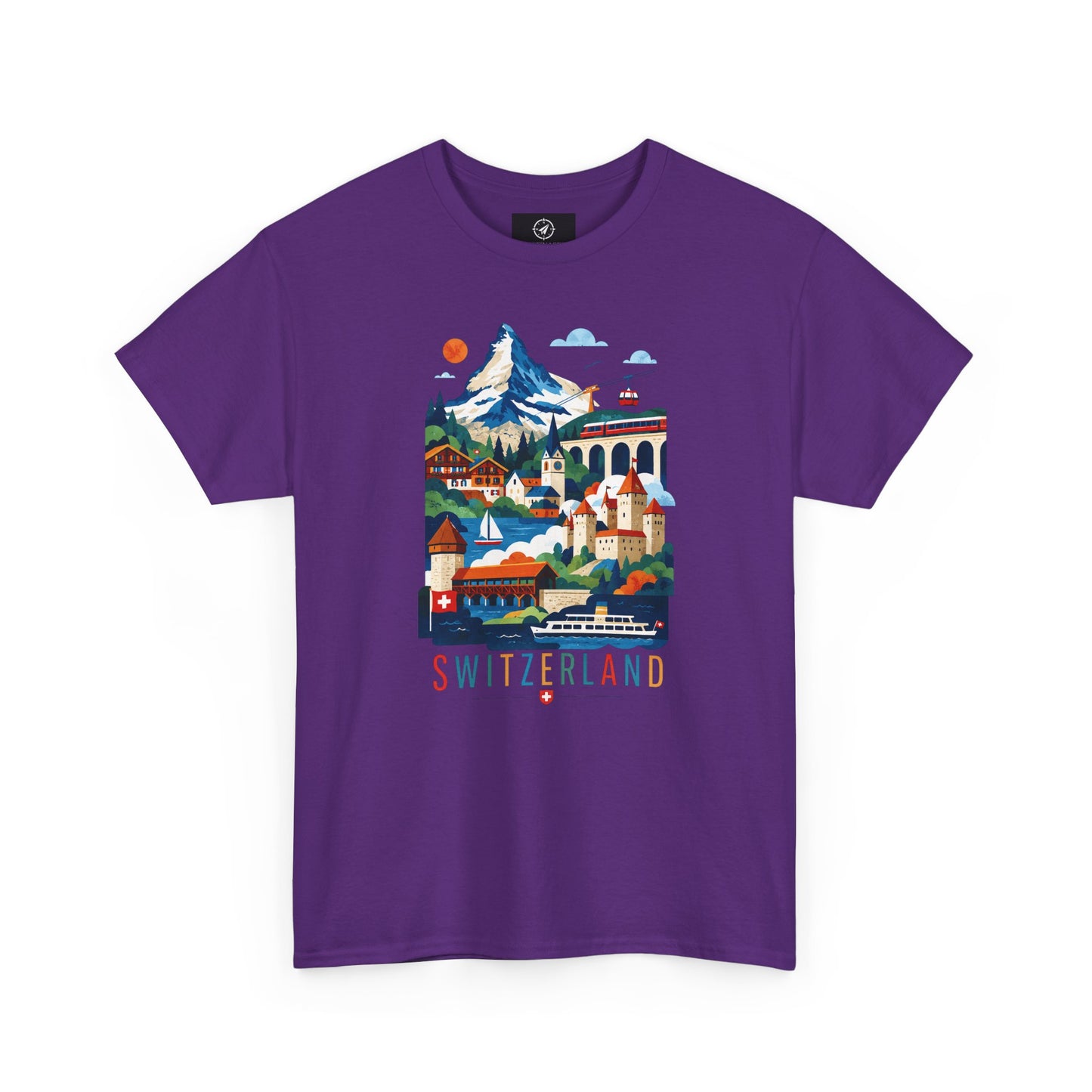 Purple short-sleeve T-shirt with colorful Switzerland village graphic on front