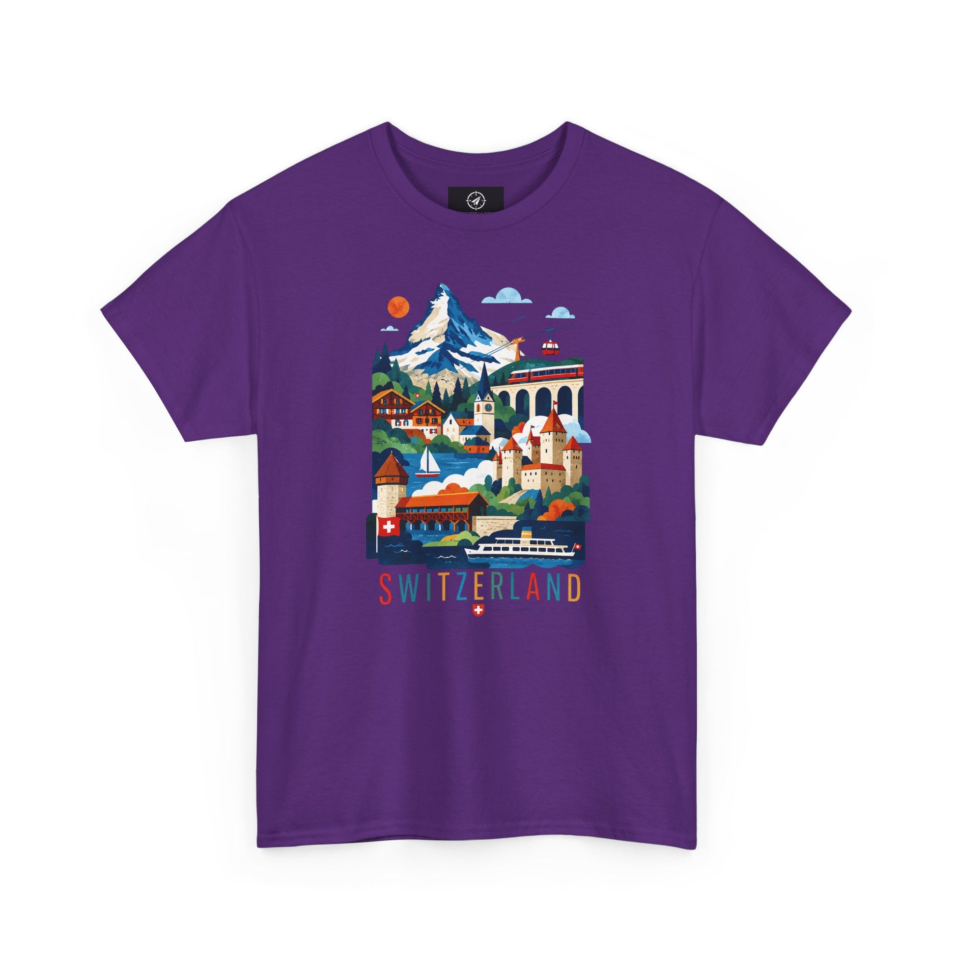 Purple short-sleeve T-shirt with colorful Switzerland village graphic on front