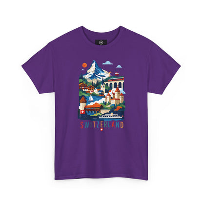 Purple short-sleeve T-shirt with colorful Switzerland village graphic on front