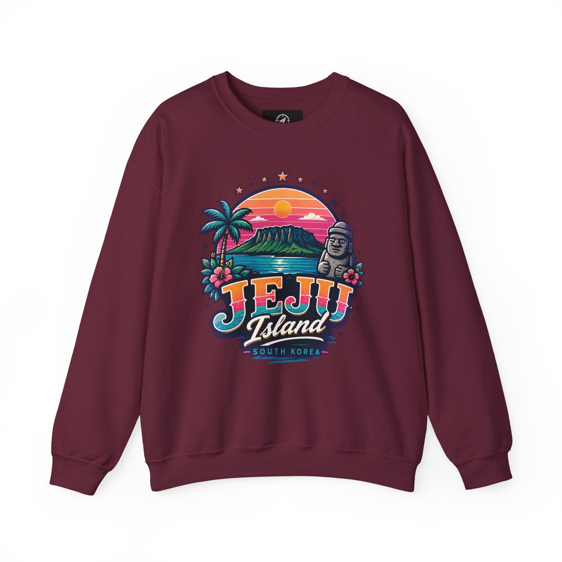 Maroon graphic sweatshirt with colorful TEJU Island South Korea front print