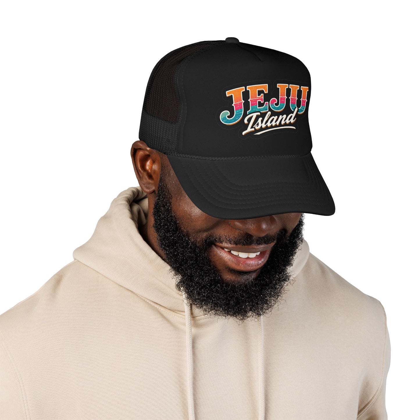 Foam trucker hat, black and black mesh with Jeju Island logo on model