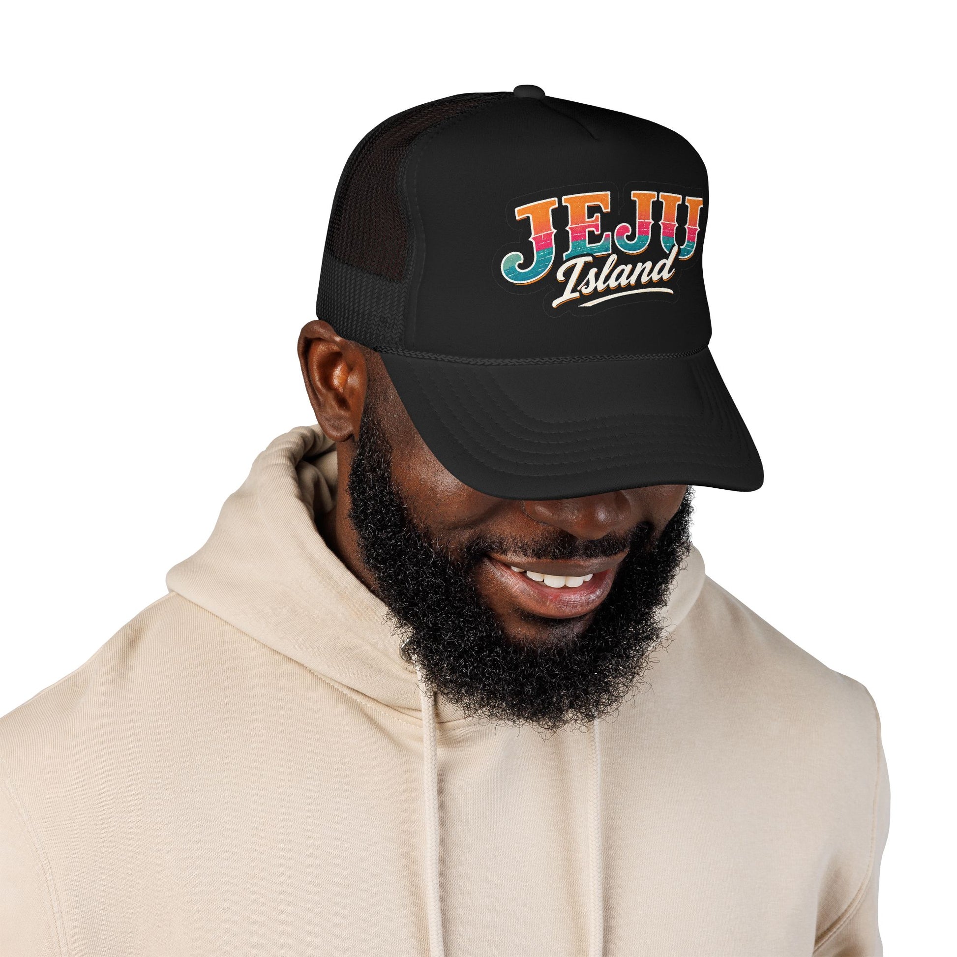 Foam trucker hat, black and black mesh with Jeju Island logo on model