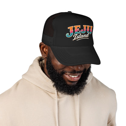 Foam trucker hat, black and black mesh with Jeju Island logo on model