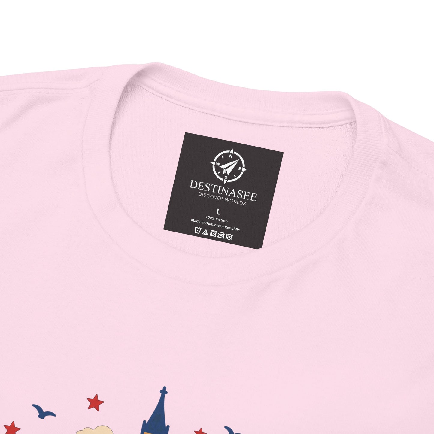 Light pink t-shirt close-up of chest print and neck label