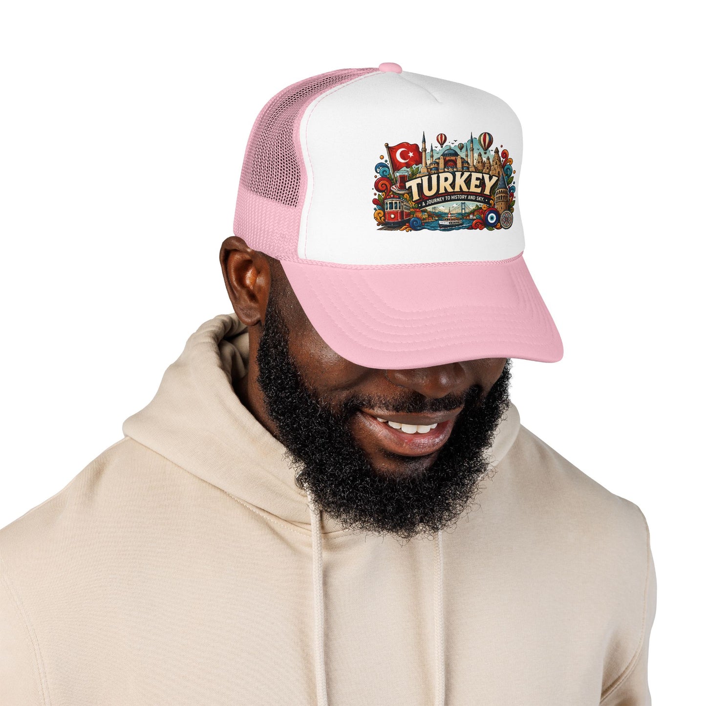 Light pink and white trucker hat with pale pink brim on smiling man