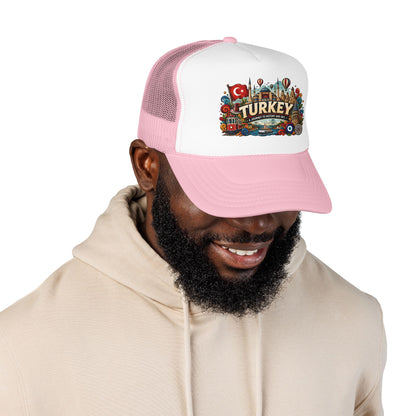 Light pink and white trucker hat with pale pink brim on smiling man