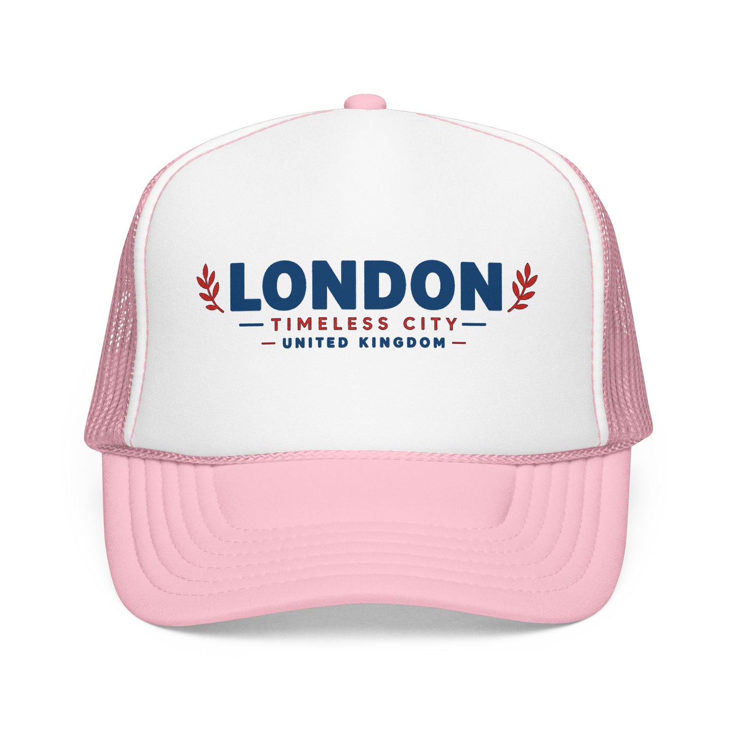 Two-tone foam trucker hat with London logo, white crown and light pink mesh sides, pink bill.