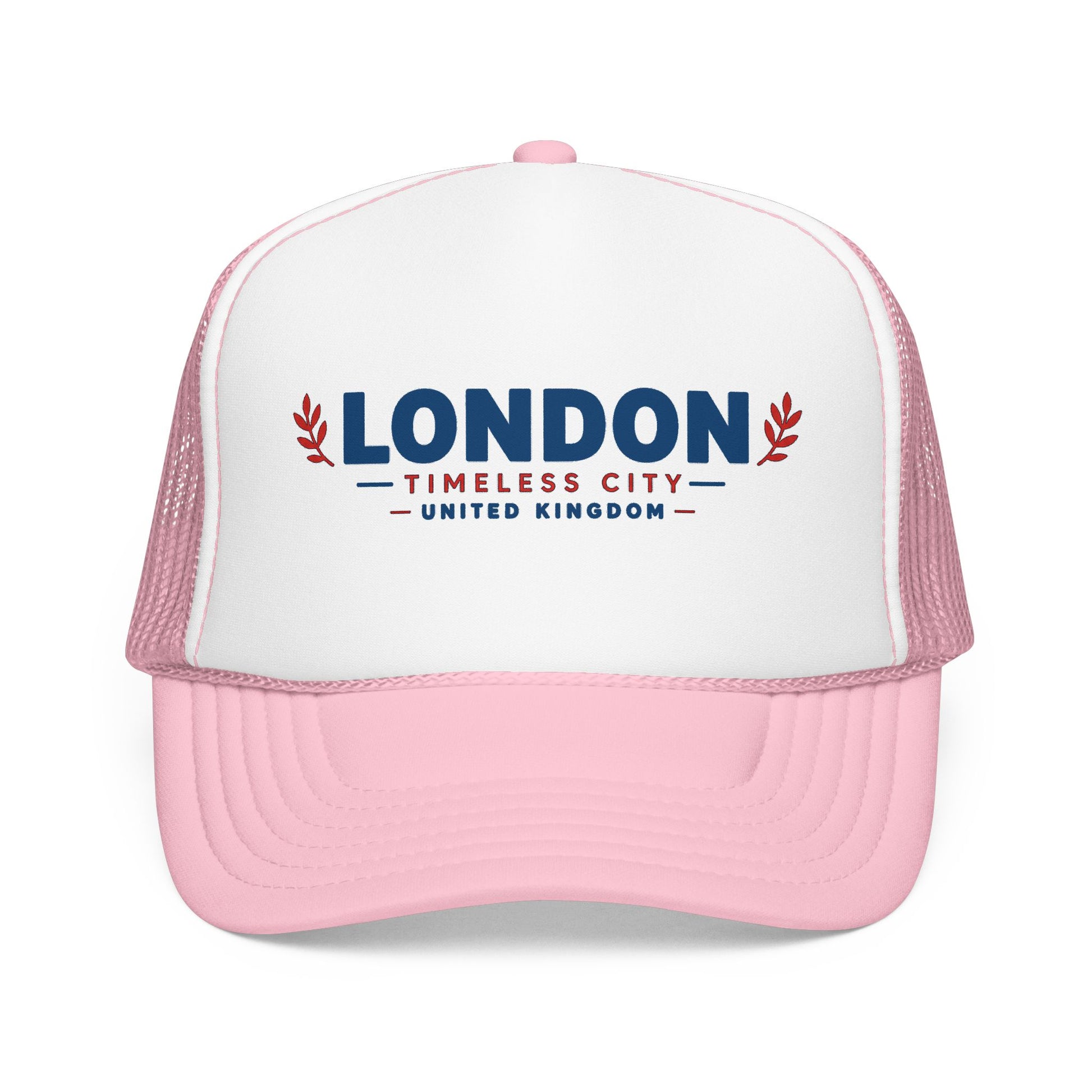 Two-tone foam trucker hat with London logo, white crown and light pink mesh sides, pink bill.