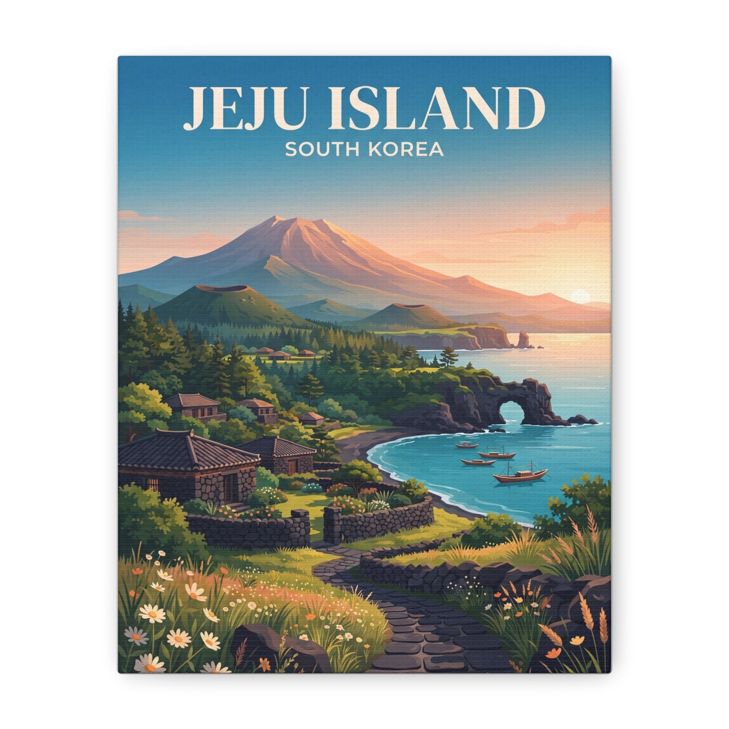 Matte canvas wall art of Jeju Island landscape with volcano, shoreline boats, and village roofs.