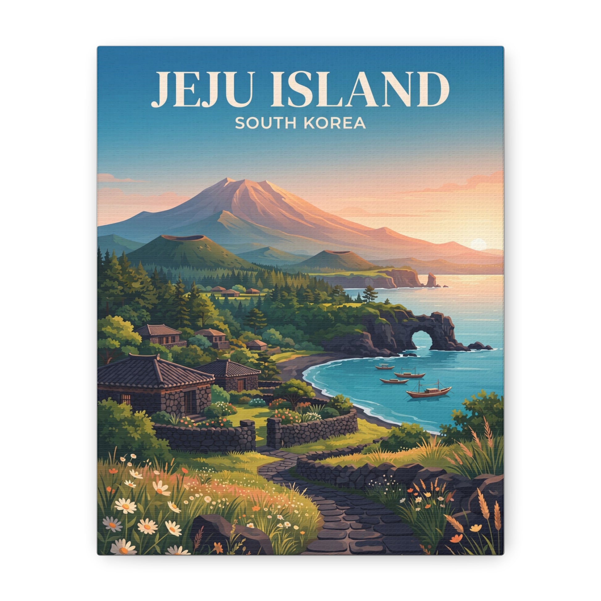 Matte canvas wall art of Jeju Island landscape with volcano, shoreline boats, and village roofs.