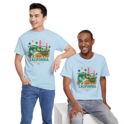 Light blue short-sleeve T-shirt with California skyline graphic, two-person view