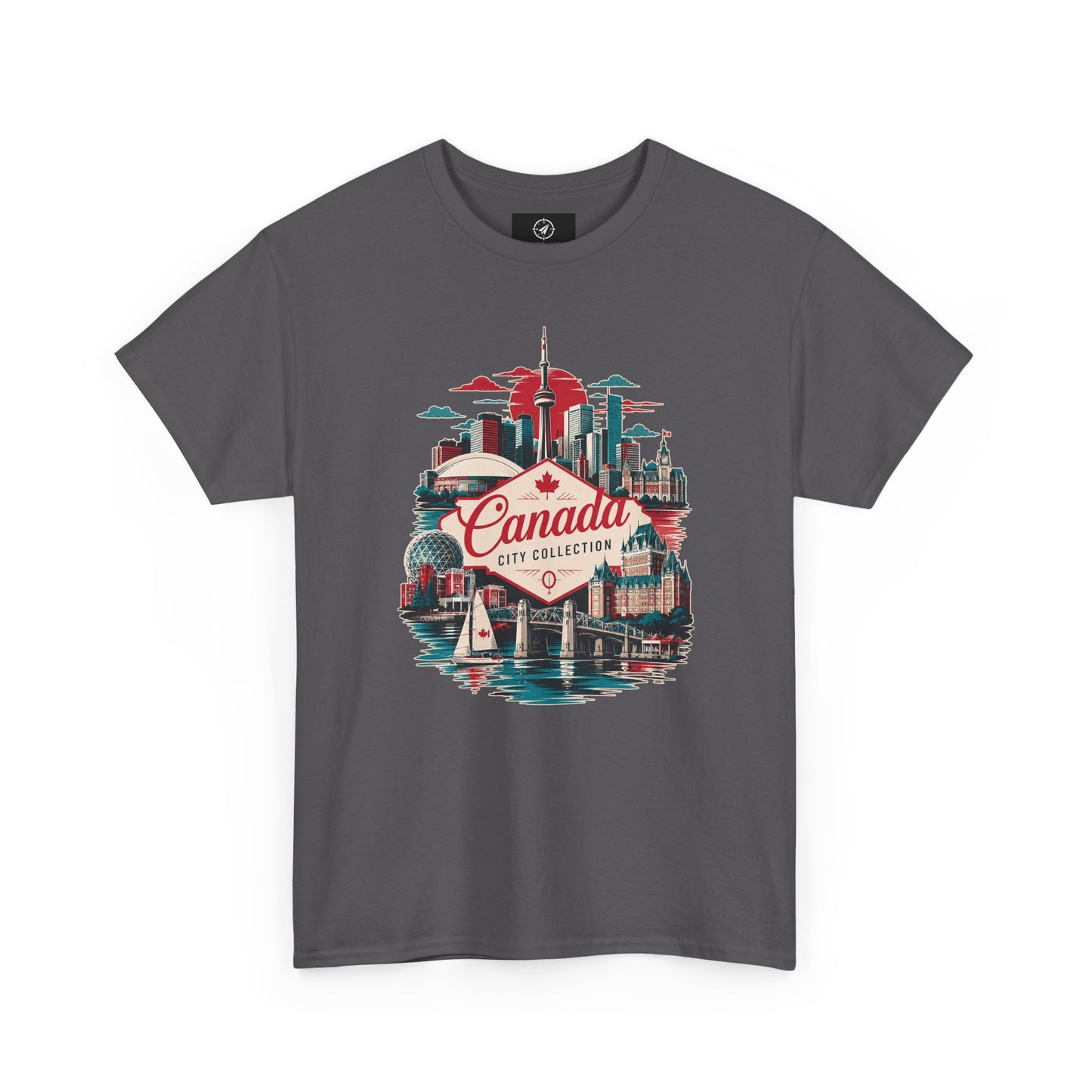 Charcoal gray crewneck T-shirt with front Canada City Collection skyline graphic