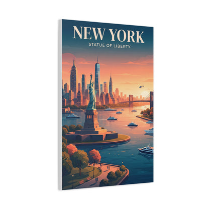 Canvas wall art with NEW YORK title and Statue of Liberty, sunset skyline