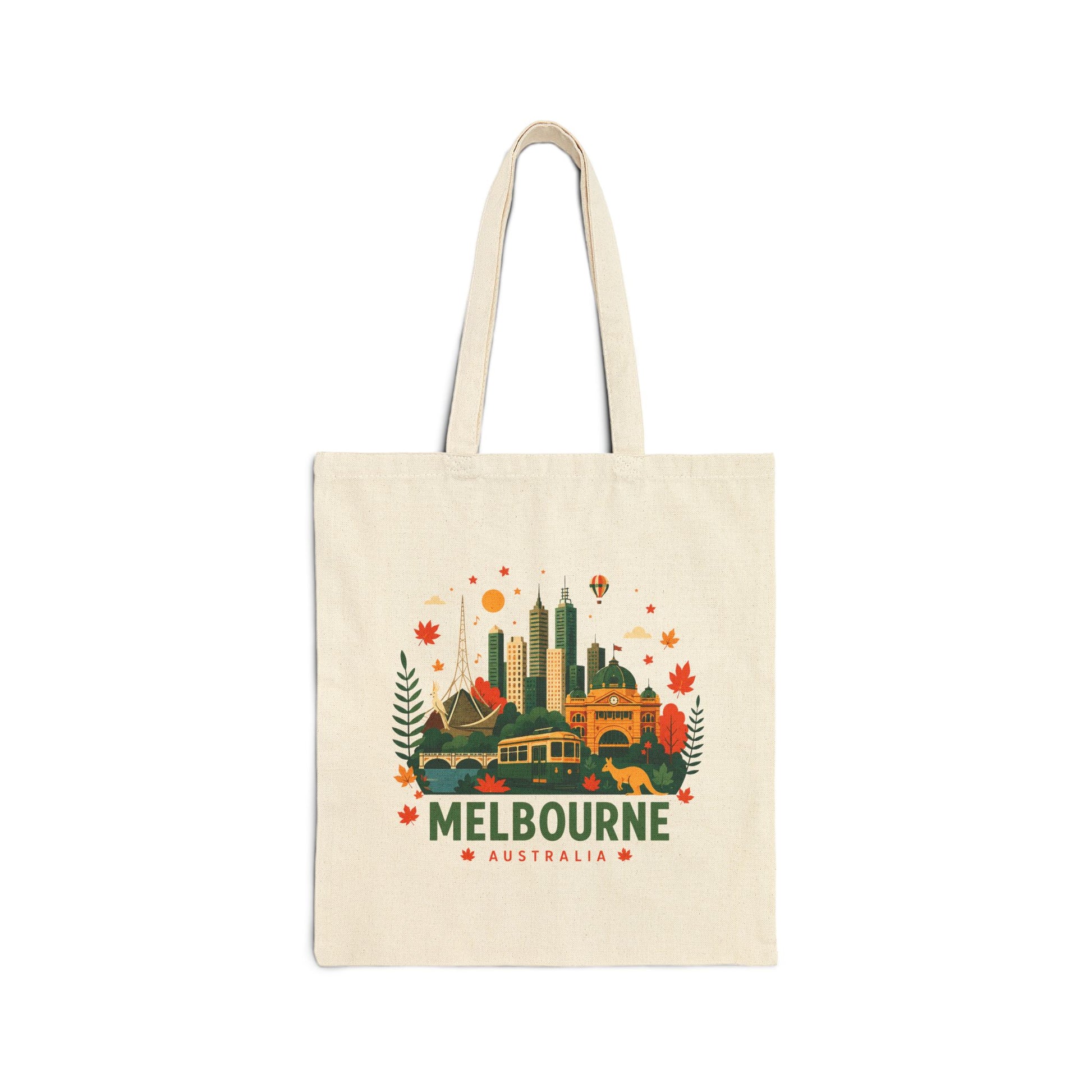 Natural canvas tote bag with Melbourne city graphic and Australia text.