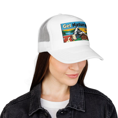White trucker hat with Get Natural logo patch, worn with dark jacket