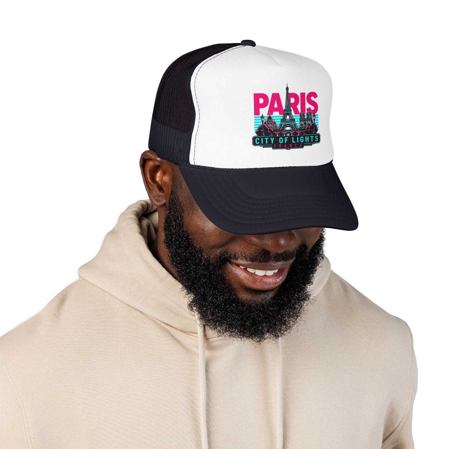 White front and dark navy mesh trucker hat with “PARIS City of Lights” front graphic.