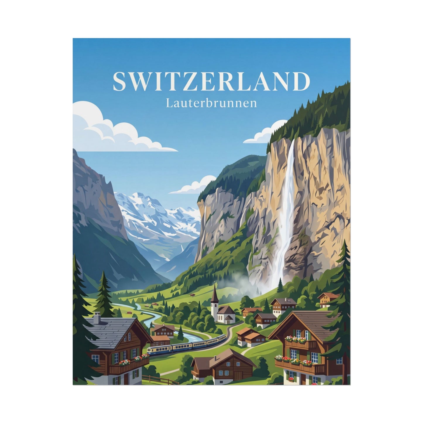 Rolled poster with Switzerland lettering and Lauterbrunnen landscape of houses, waterfall, train