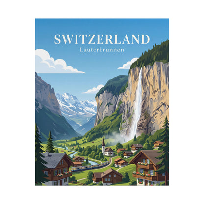 Rolled poster with Switzerland lettering and Lauterbrunnen landscape of houses, waterfall, train