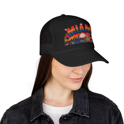 Black trucker hat on model, Miami sunset skyline front graphic visible