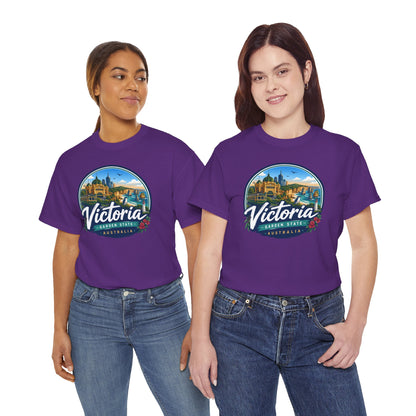 Purple short-sleeve crew-neck tee with circular Victoria graphic on front
