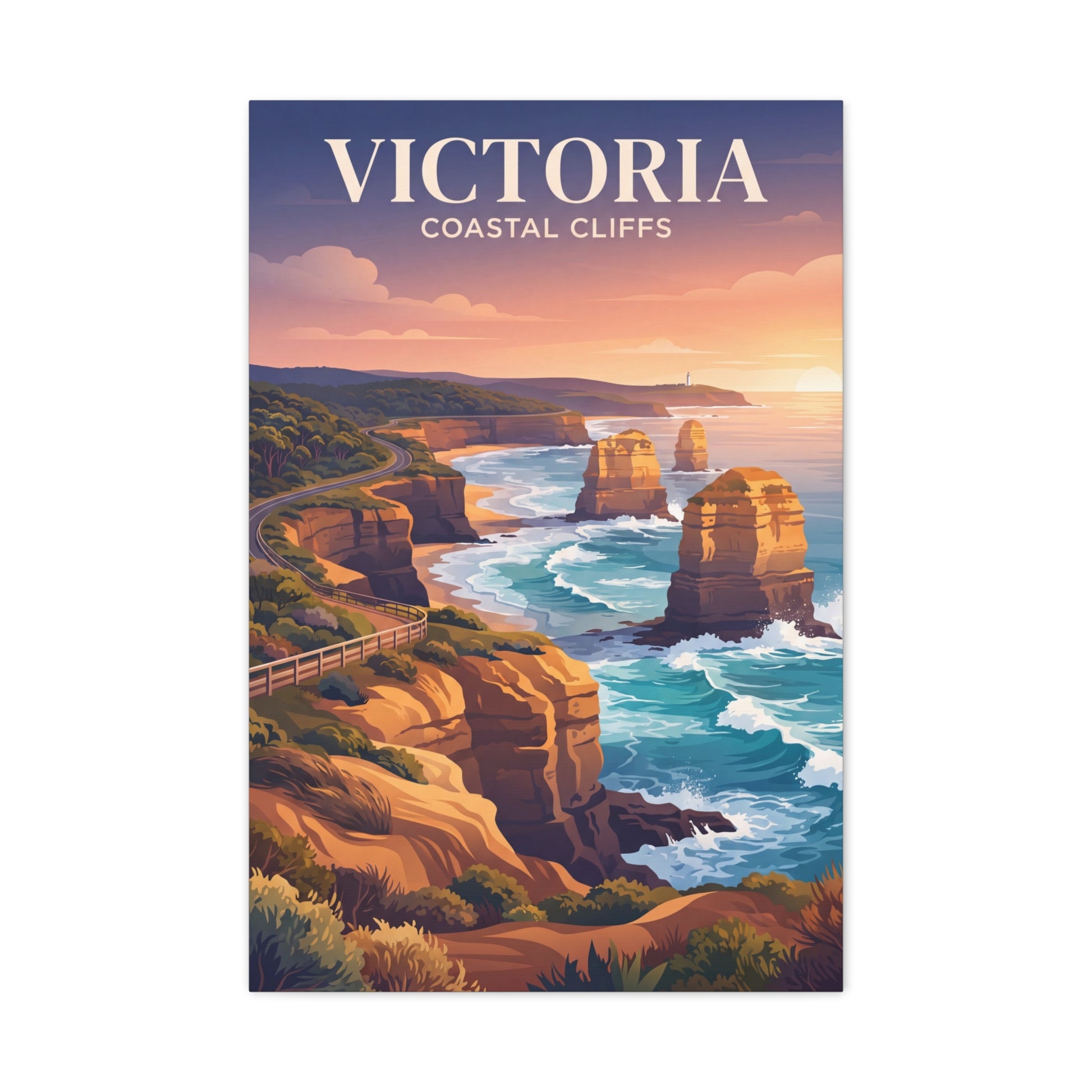 Matte canvas wall art featuring Victoria coastal cliffs seascape with text header