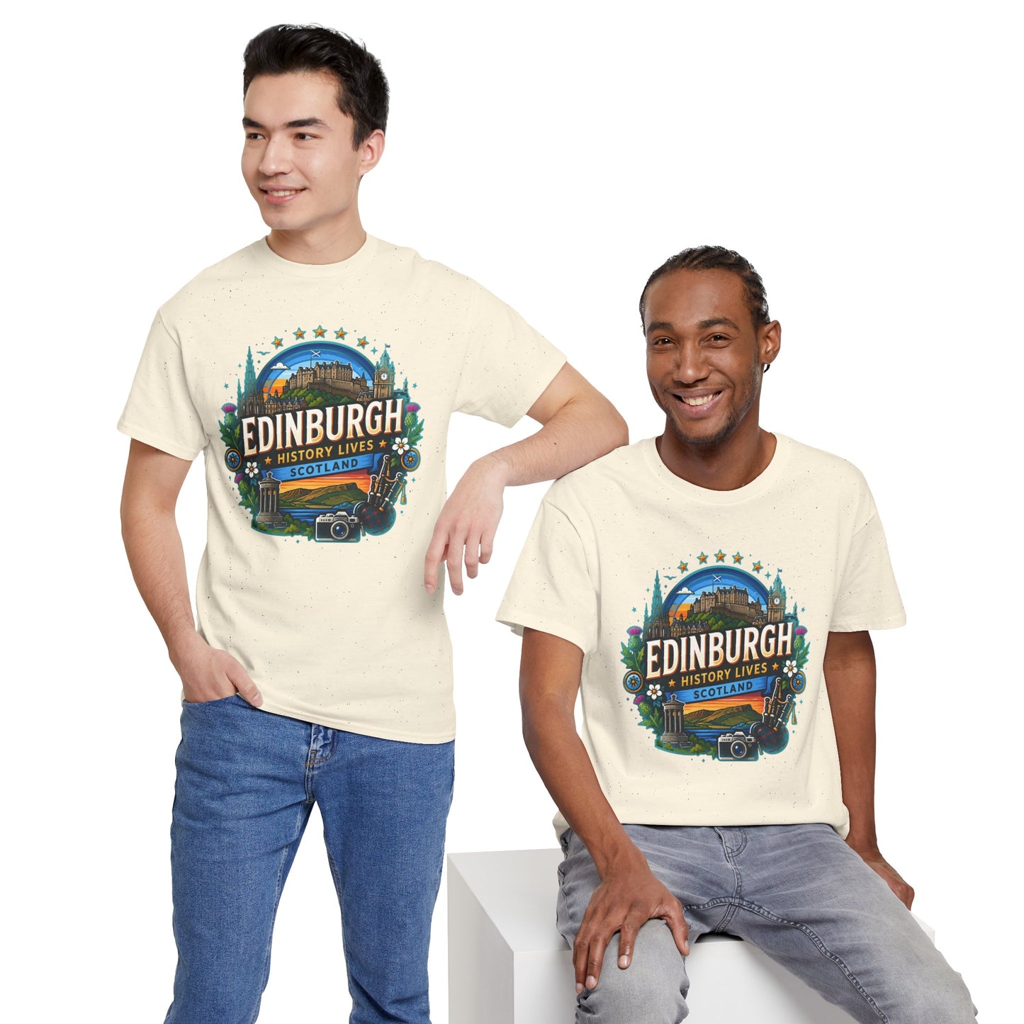 Natural cream crewneck T-shirt with front circular Edinburgh scene graphic