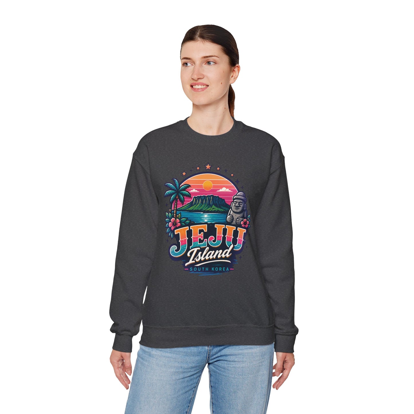 Dark heather graphic sweatshirt with colorful TEJU Island South Korea front print